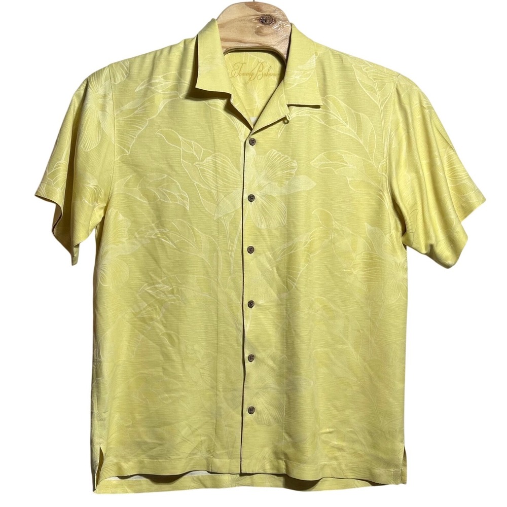 Tommy Bahama Mens Yellow 100% Silk Tropical Floral Jacquard Camp Shirt Large